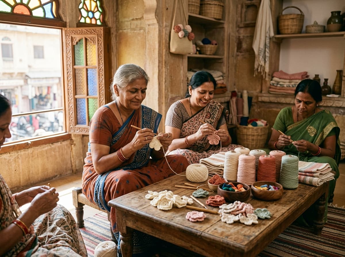 Women artisans crocheting handmade flower blooms in Jaipur