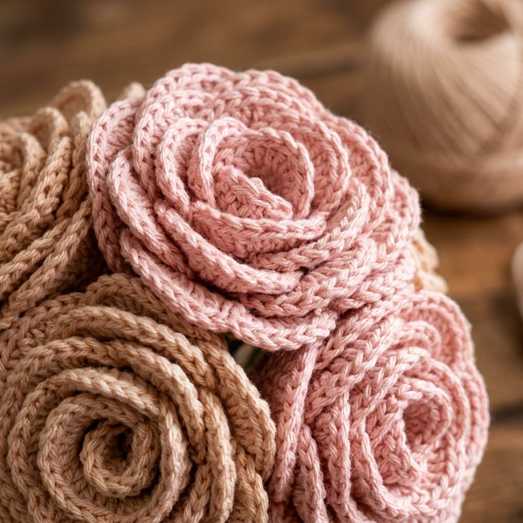 Intricate crochet stitches on cotton rose petals